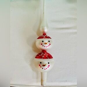 Snowman Glass Finial Tree Topper Red White Glitter Snowflakes 13”